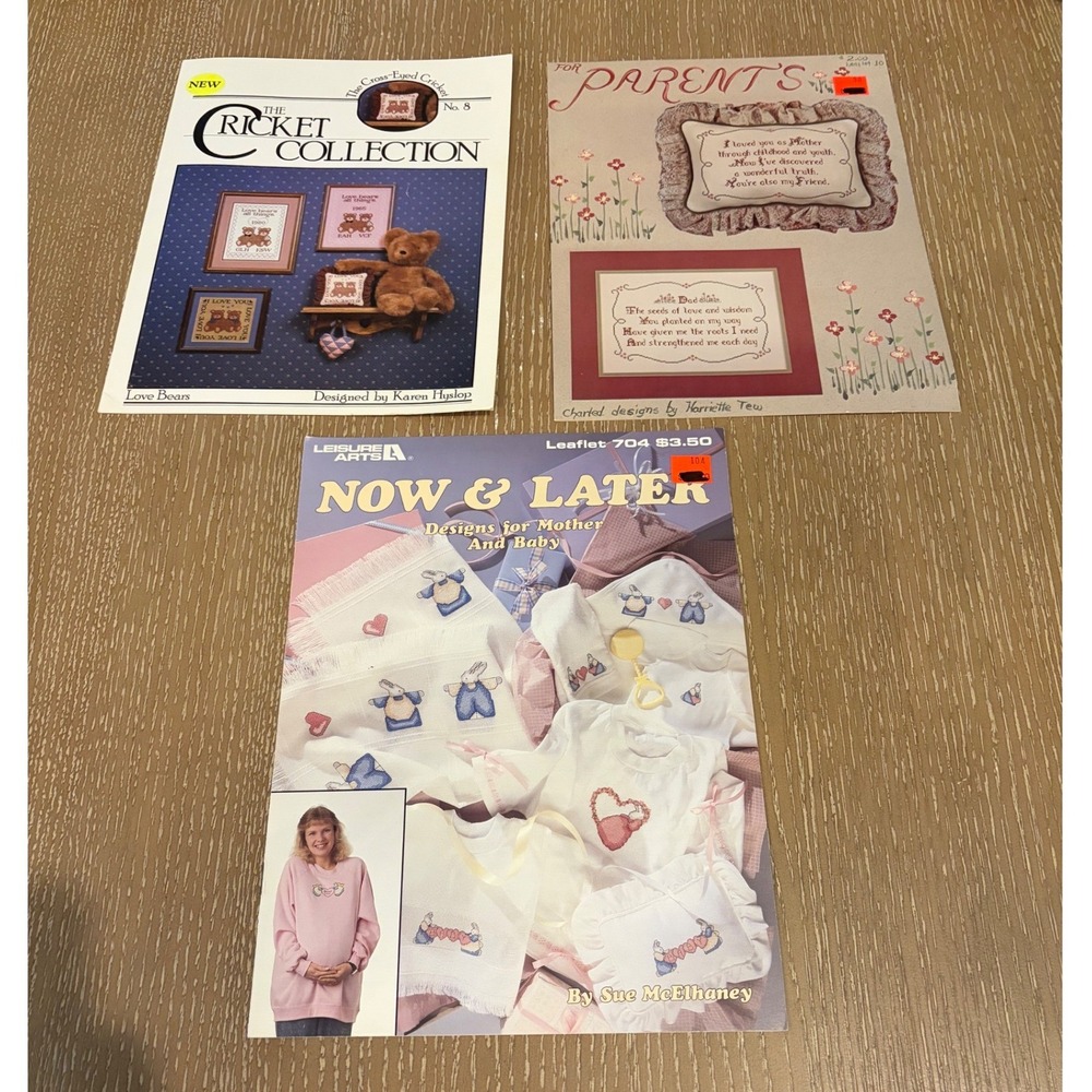 Vintage Cross Stitch Pattern Book Lot Cricket Collection Parents Now Later Baby